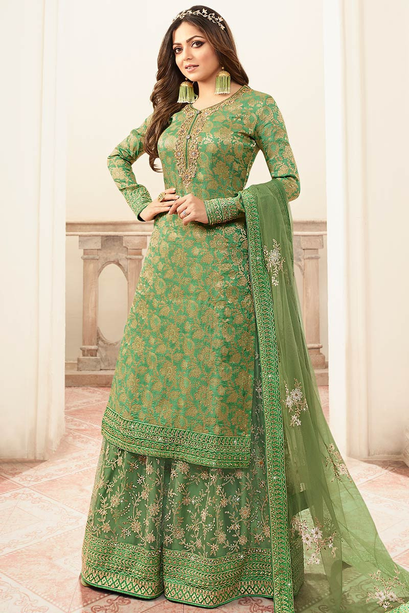 Buy Moss Green Jacquard Silk Pakistani Sharara Suit Online - LSTV05452 ...