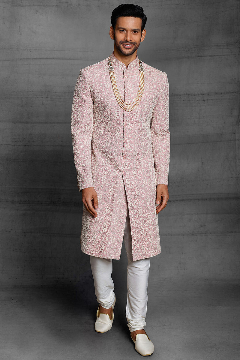 Plus Size Dori Work Embroidered Pastel Pink Men Sherwani MSTV0512