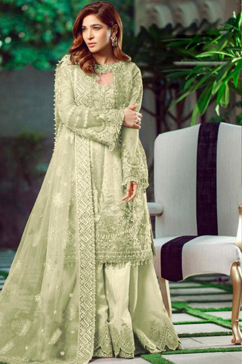 Custom Fit Sharara Suit In Pistachio Green Embroidered Fabric LSTV09948