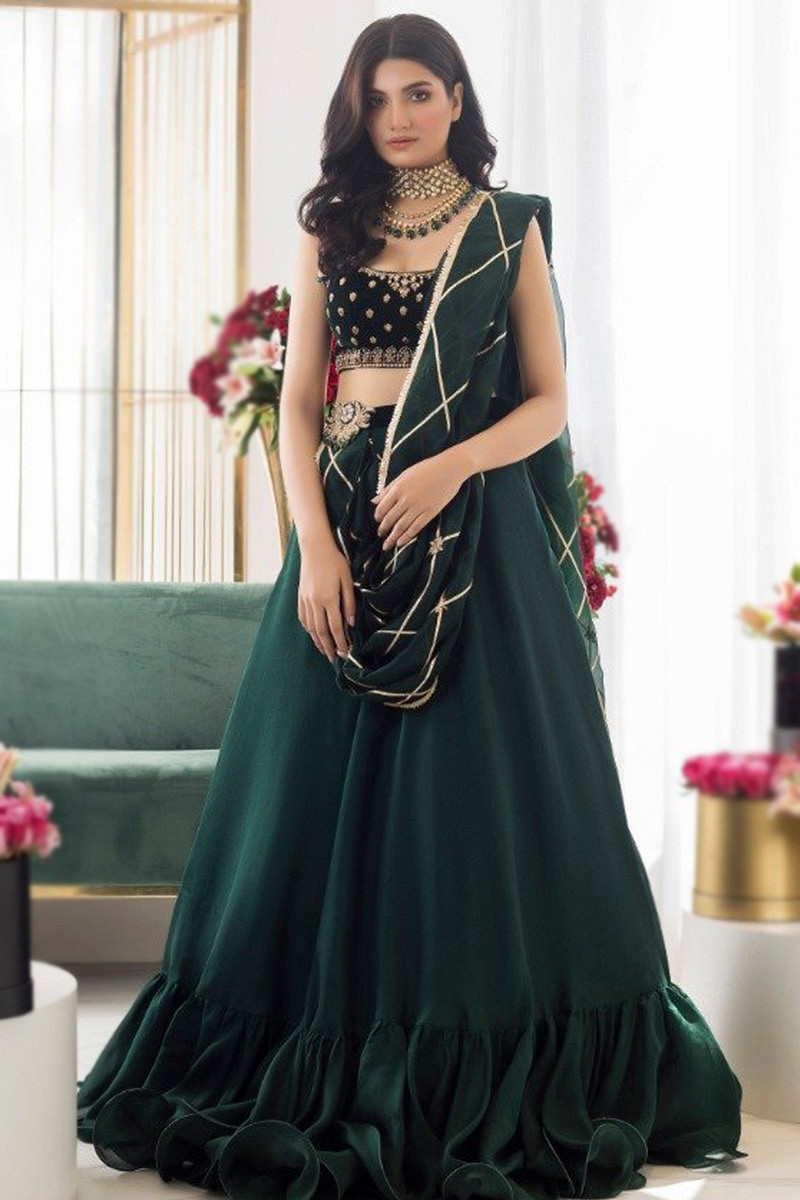 Buy Eid Plus Size Suits Silk Bottle Green Lehenga LLCV09801