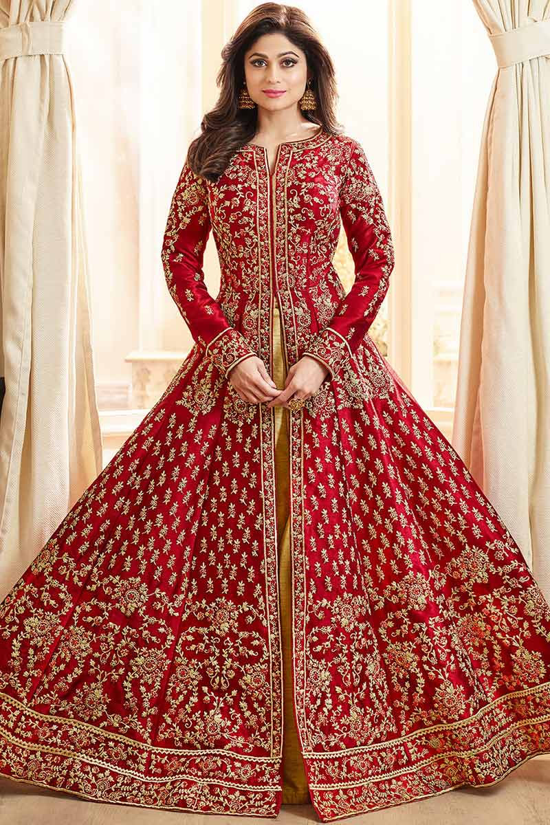 Buy Red Silk Bridal Wear Anarkali Suit ...