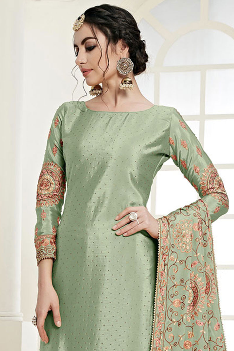 Buy Silk Fern Green Palazzo Suit With Mukaish Work Online - LSTV04446 ...