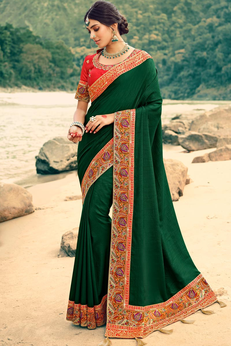 Buy Silk Wedding Wear Saree In Bottle Green Color Online