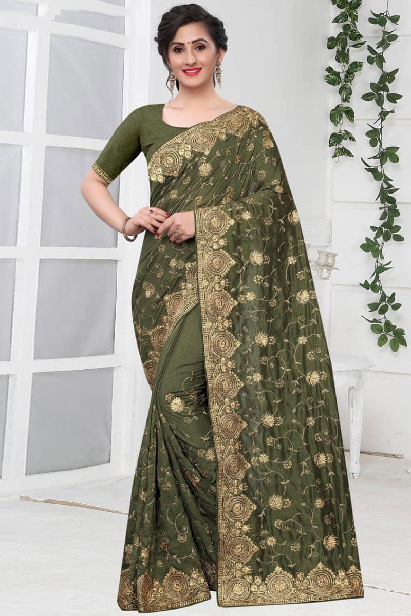 Silk Wedding Wear Saree In Mehndi Green ...