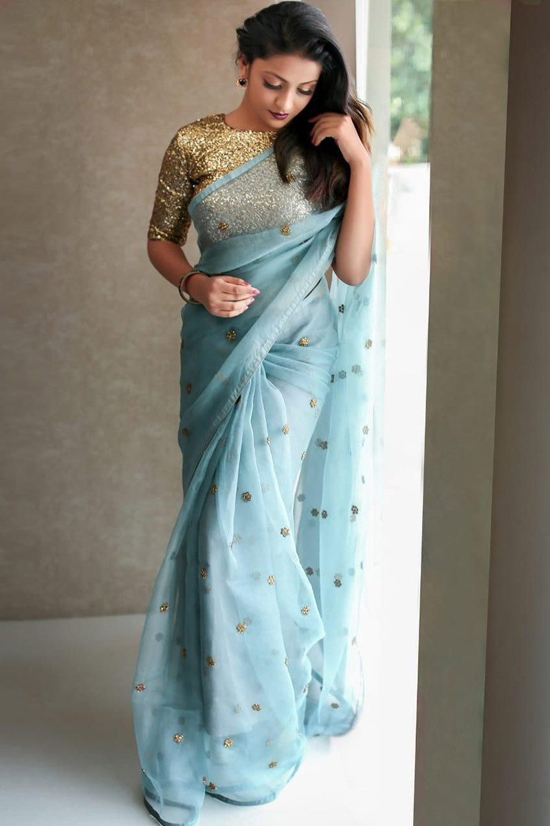 Buy Sky Blue Organza Saree With Sequence Blouse - FRESHERS PARTY LOOK IN SAREE