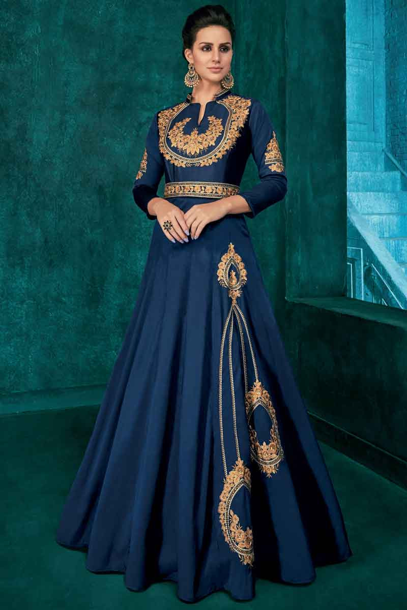 Indian Designer Party Ethnic Blue Embroidery Taffeta Unstitched Gown Dress AG08 