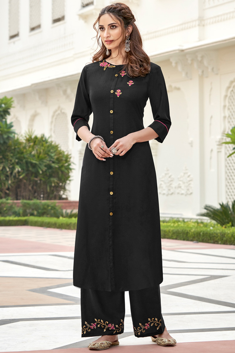 Plain black cotton silk kurta with heavy hand embroidered yoke & ikat –  Sujatra