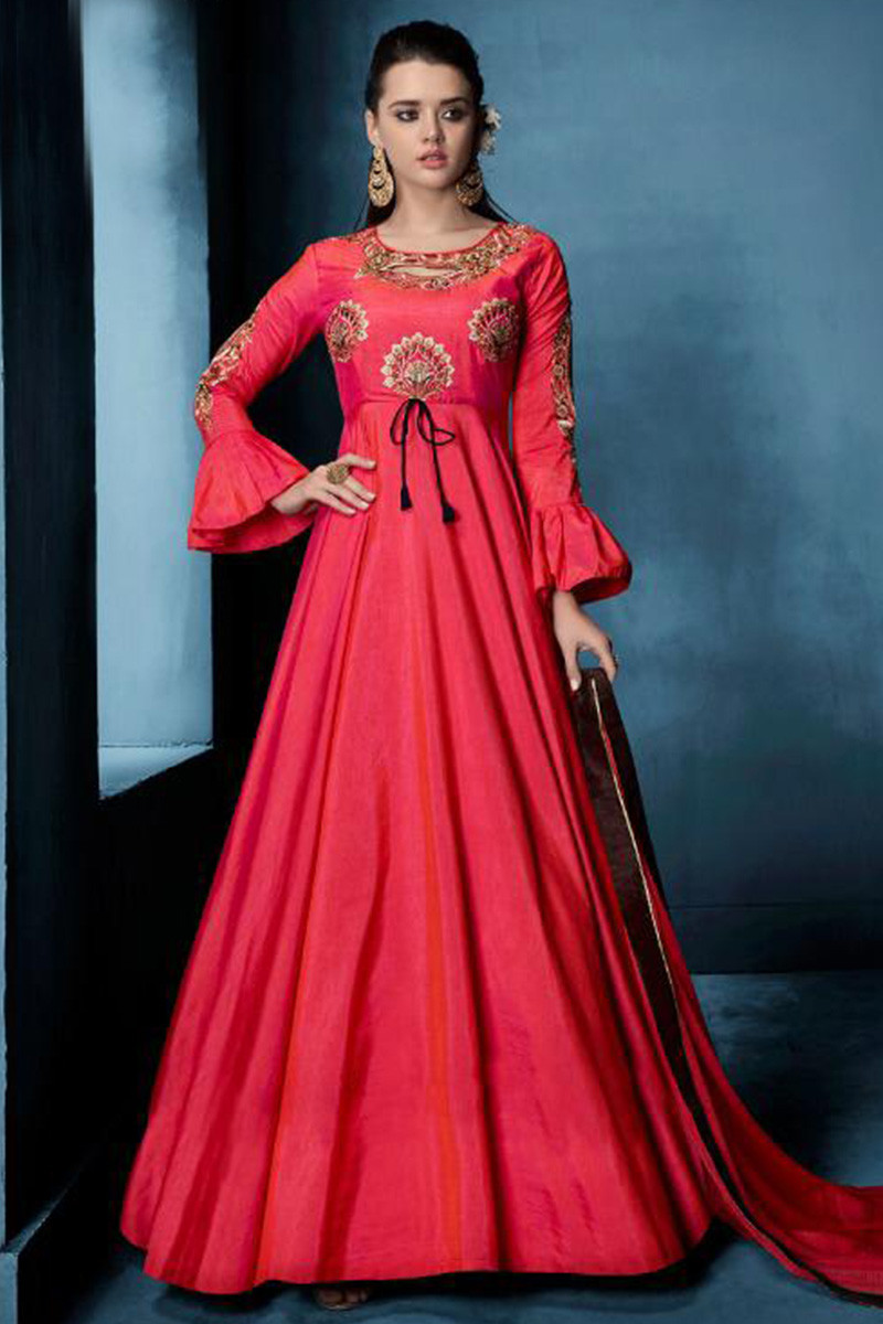 Stunning actress Ashu Reddy wearing tomato red color floor length  asymmetric dress 20220210