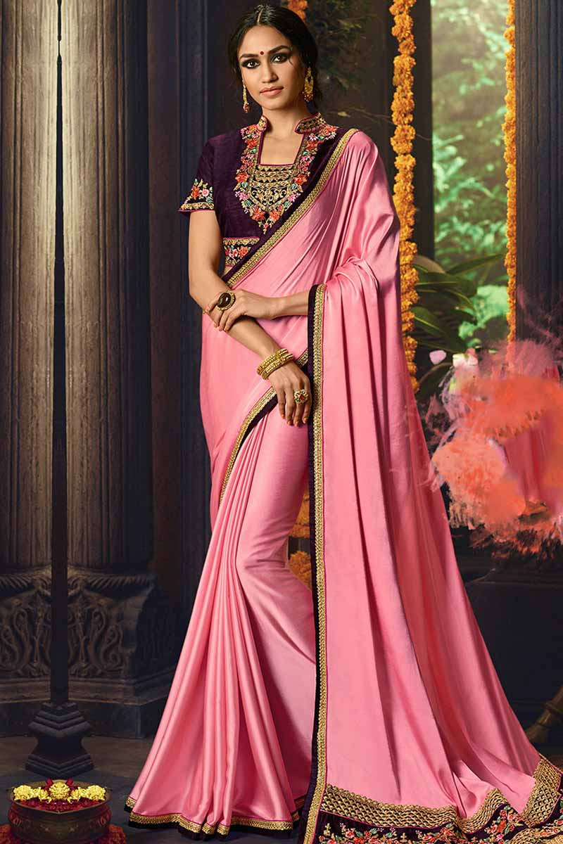 Buy Special Saree Offer Watermelon Pink Silk Indian Sarees Square Neck ...