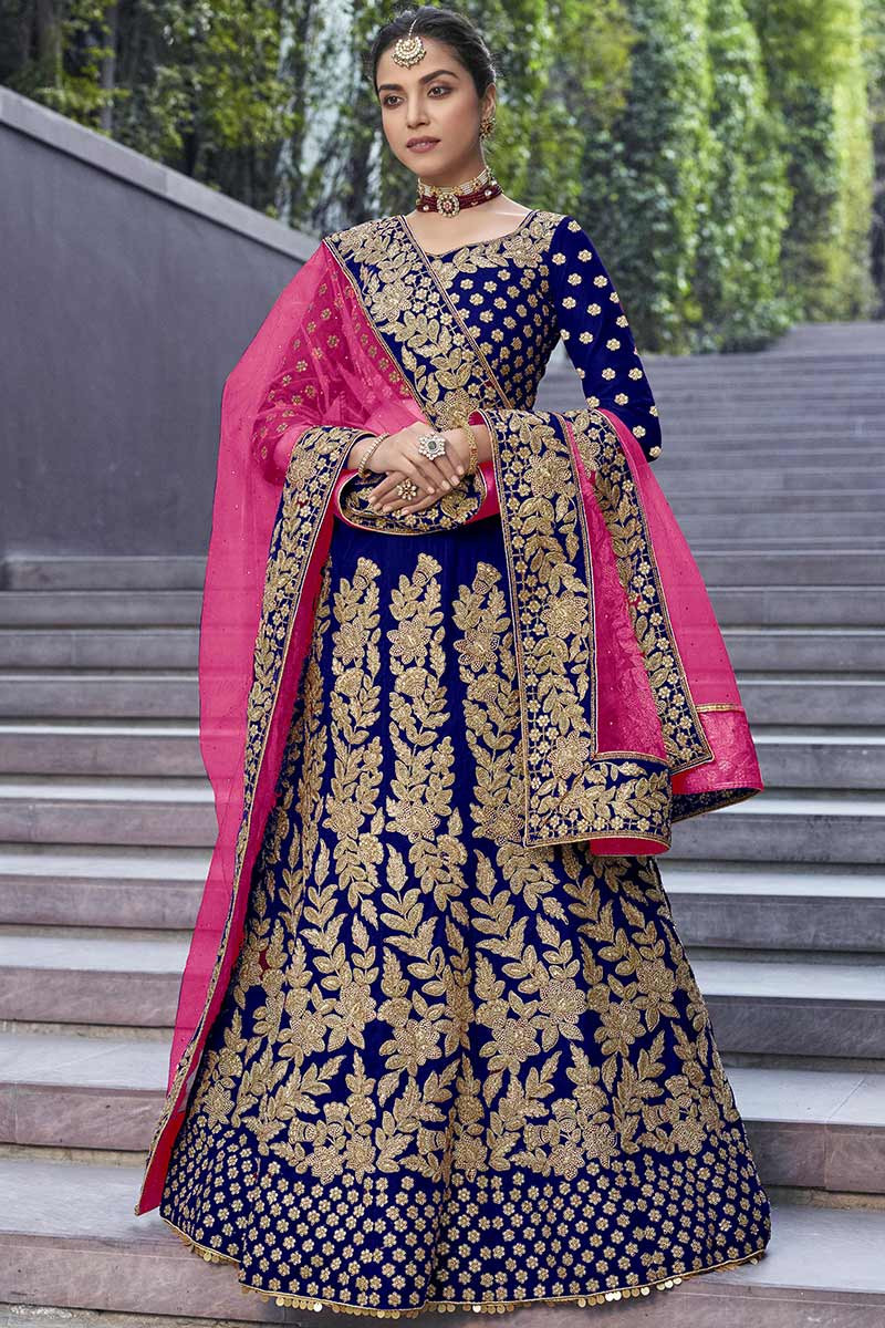 DREAM EXPORTER Blue Lehenga Choli for Women Wedding Bridal Party wear Velvet Lengha 1289