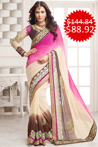 Beige Brown with Multicolor and Rani Georgette Saree