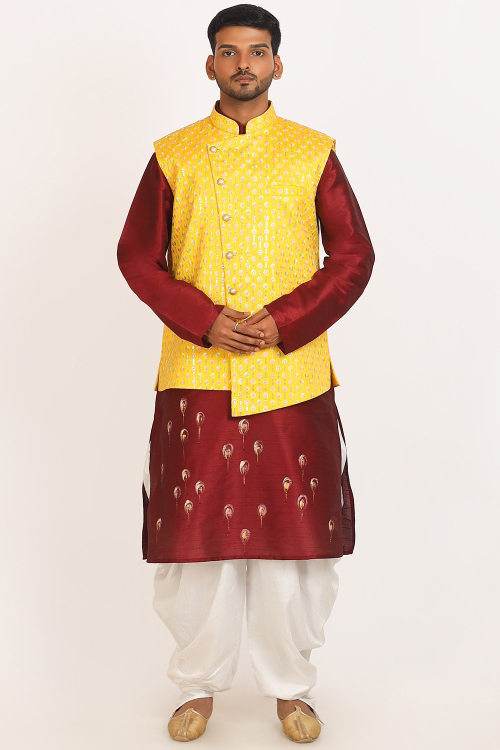 Deep Red Dupion Silk Printed Men's Jacket Style Kurta With Dhoti Pants
