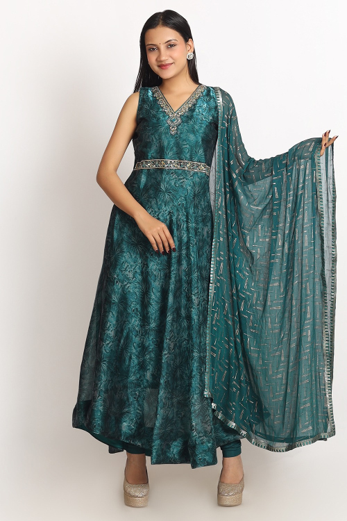 Teal Green A Line Organza Festival Wear Ready Made Gown