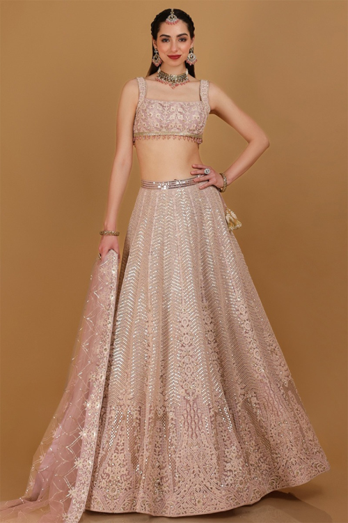 Light Mauve Dori Embroidered Net Panelled Style Lehenga for Wedding & Party