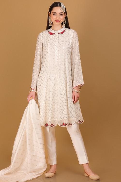 White Georgette Embroidered Trouser Suit 