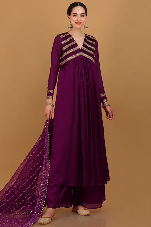 Plum Purple Georgette Embroidered Frock Style Palazzo Suit 