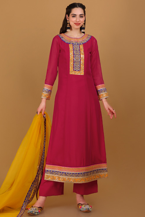 Chiffon Silk Ruby Pink Embroidered Straight Pant Suit 