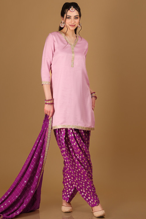 Cotton Silk Lavender Pink Lace Embroidered Patiala Suit