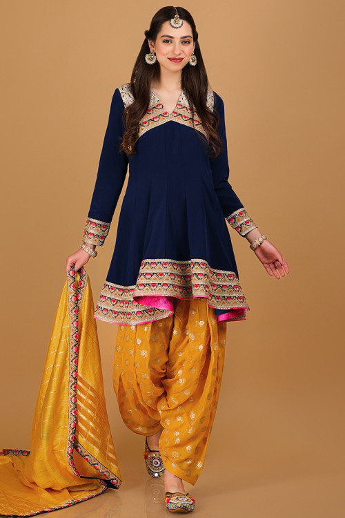 Navy Blue Satin Georgette Embroidered Frock Style Patiala Suit