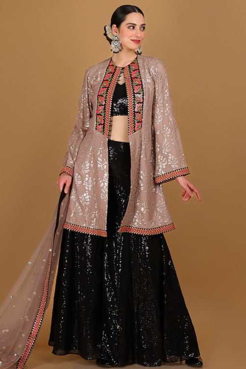 Black Georgette Embroidered Jacket Style Palazzo Suit