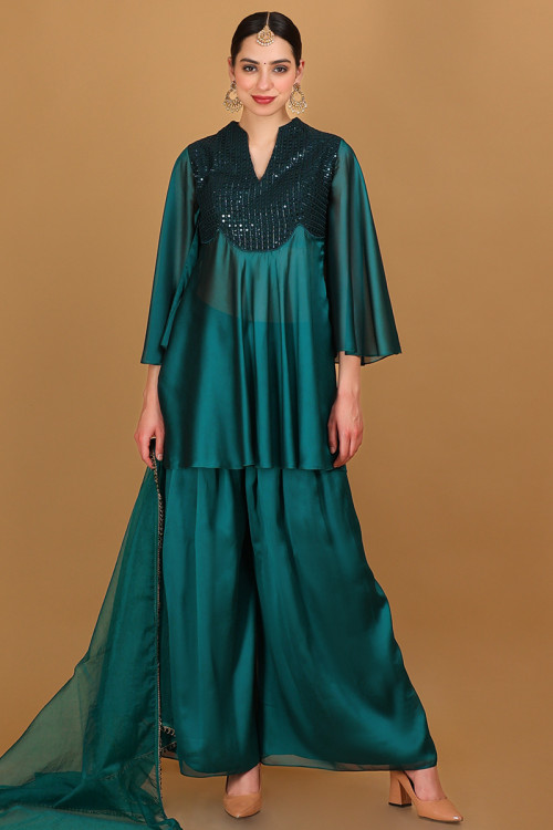 Peacock Blue Patch Embroidered Georgette Palazzo Suit
