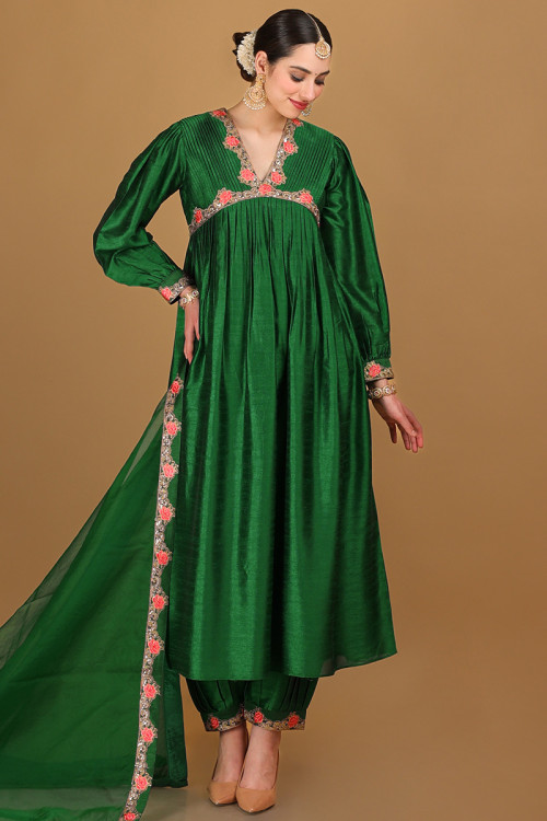 Dark Green Embroidered Dupion Silk Salwar Suit