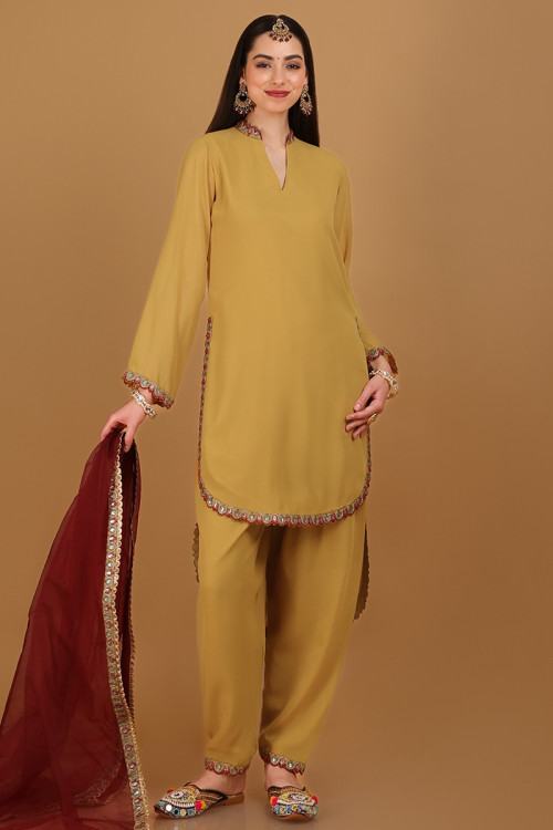 Georgette Embroidered Mustard Yellow High And Low Salwar Suit