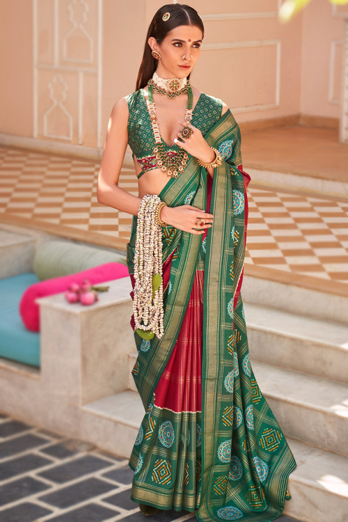 Deep Red Silk Printed Light Weight Saree for Women