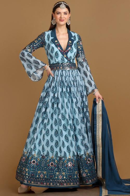 Embroidered Georgette Sky Blue Anarkali Suit