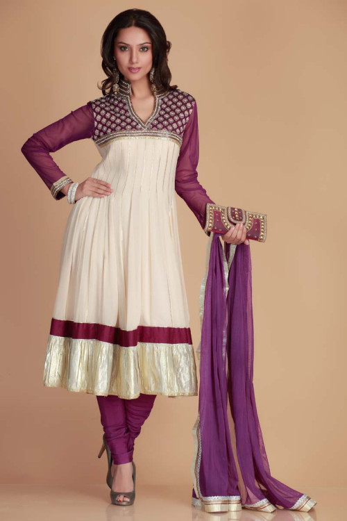 White with Purple Anarkali Churidar Suit 