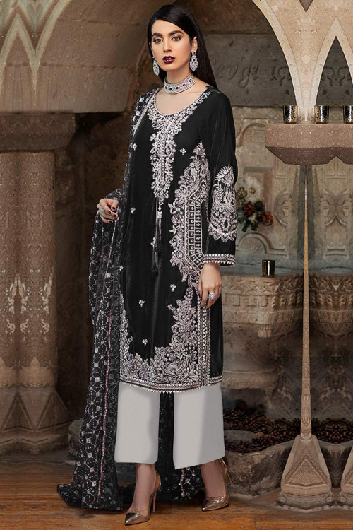 Georgette Black Zari Embroidered Trouser Suit for Wedding 