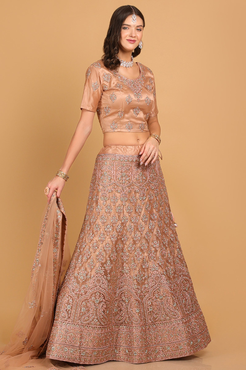 Dusty Pink Zari Embroidered Net Panelled Lehenga for Wedding & Party