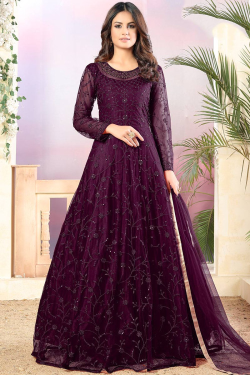 Resham Work Embroidered Net Dark Purple Anarkali Suit