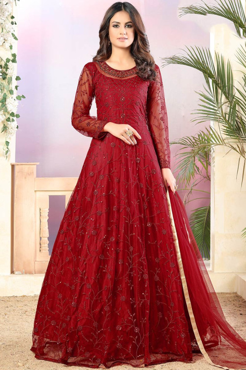 Cherry Red Net Floor Length Eid Anarkali Suit With Resham Embroidered Work