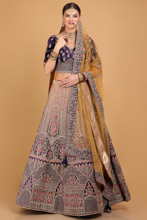 Dusty Purple and Trombone Yellow Velvet Ombre Lehenga for Wedding & Party