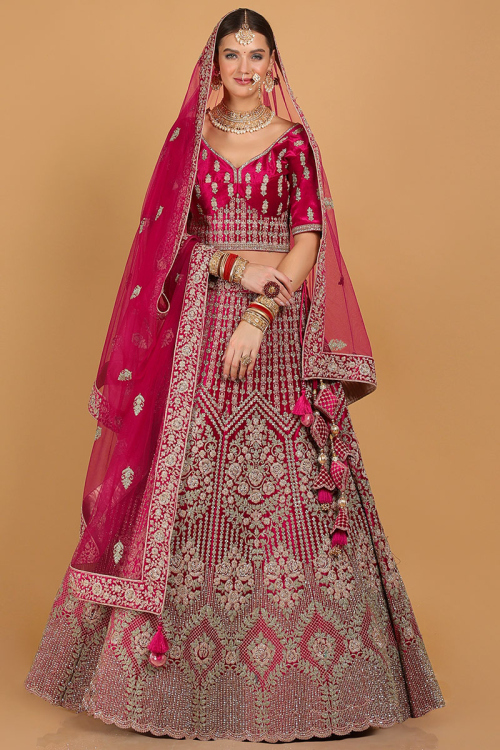 Ruby Pink Velvet Dori Embroidered Wedding Lehenga