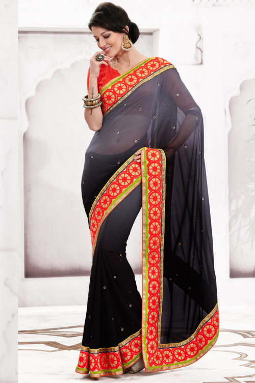Grey And Black Georgette Saree with Blouse