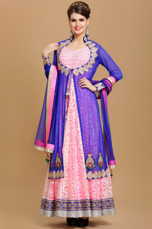 Pink With Blue Georgette Churidar Suit