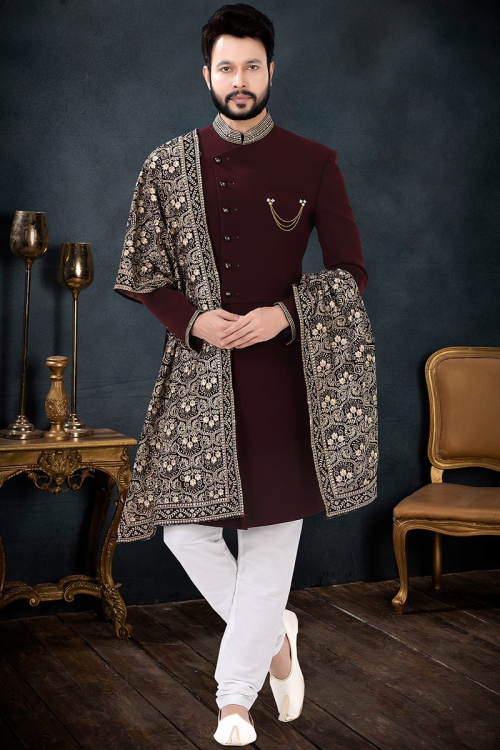 Silk Dark Maroon Men Sherwani With Embroidered Dupatta