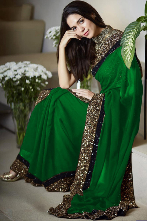 Georgette Saree verte avec un chemisier en soie Banglori