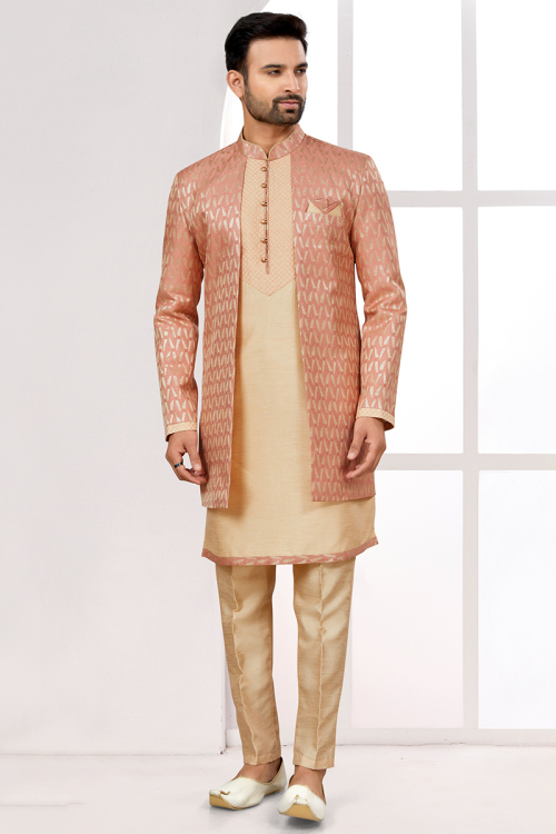 Art Silk Light Peach Weaved Jacket Style Men's Kurta Pajama
