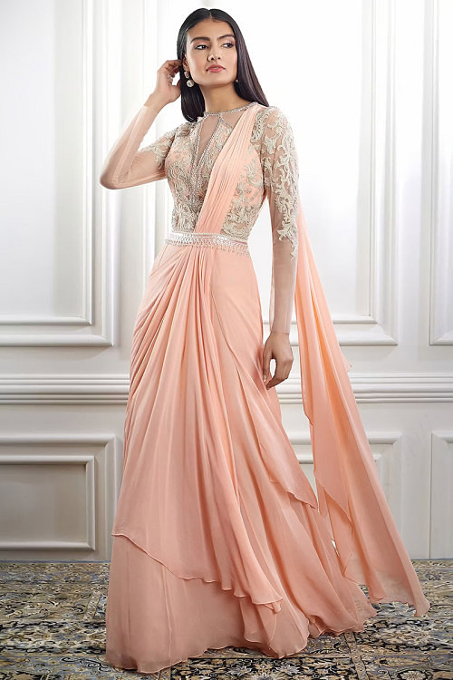 Georgette Salmon Peach Indo-Western Saree