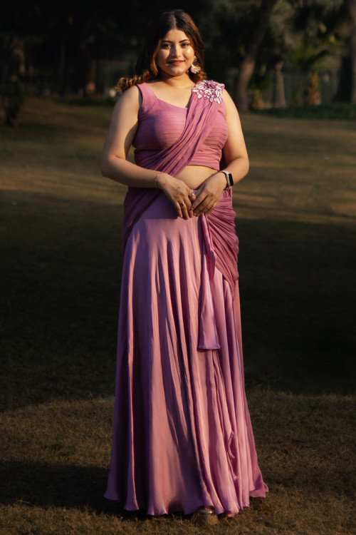 Satin And Georgette Lavender Pink Indo Western Saree