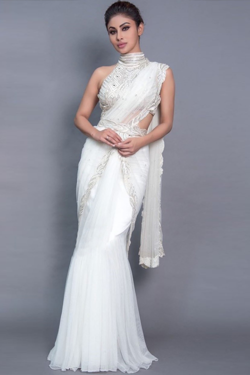Faux Mirror Embroidered Net White Fancy Saree