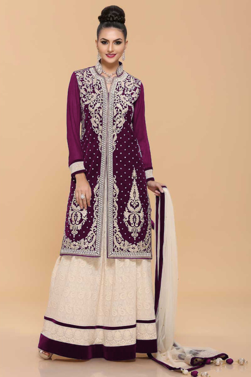 Plum Purple Georgette Embroidered Kaftan Style Kurti