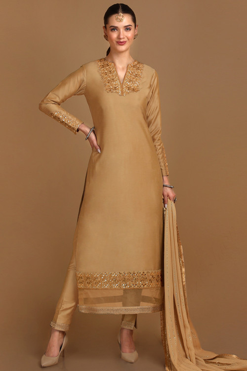 Beige Silk Straight Cut Trouser Suit with Lace embroidery for Eid