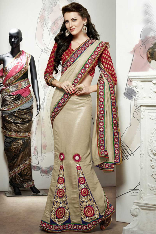 Beige Bhagalpuri Silk Saree with jacquard Blouse