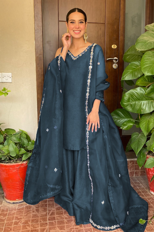 Blue Silk Straight Cut Wedding Sharara Suit