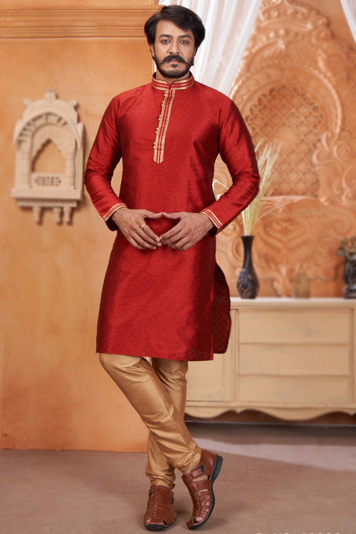 Deep Red Jacquard Weaved Men's Kurta With Churidar 