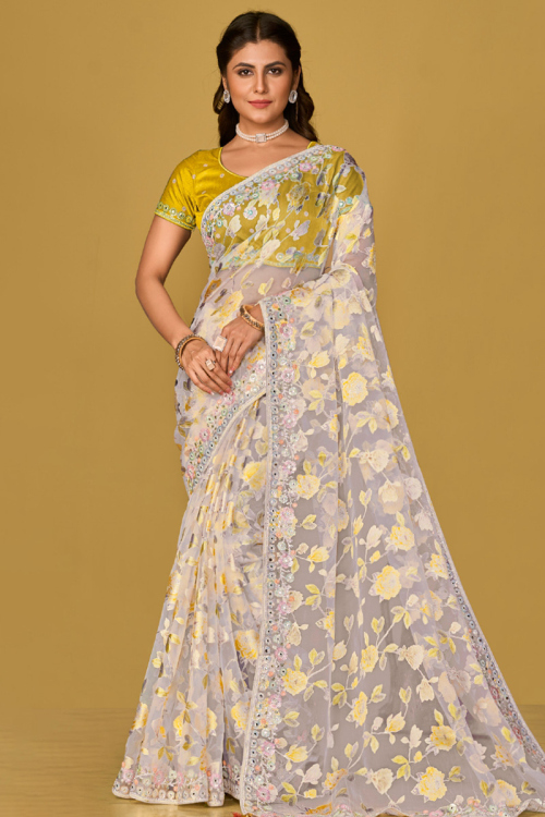 Cream Beige Weaved Thread Lightweight Brasso Saree 